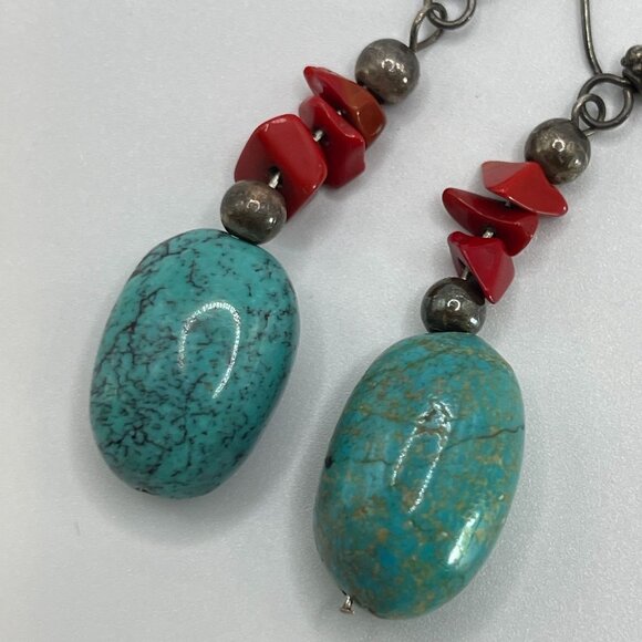 Turquoise & Coral Sterling Silver Dangle Earrings Handmade Boho Chic Style - Picture 3 of 4